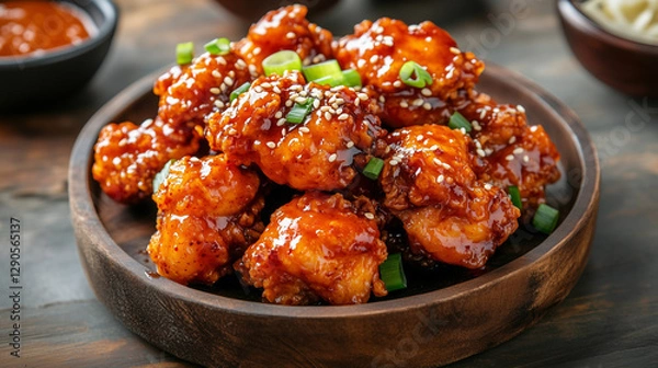 Obraz ごまとねぎがふりかけられた韓国風甘辛ヤンニョムチキン | 光沢感