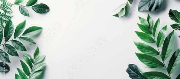 Fototapeta Lush green leaves in a flat lay arrangement on a white background showcasing natural beauty and ample empty copy space for design use