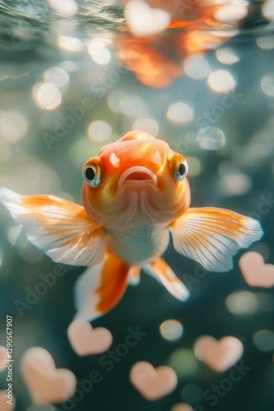 Fototapeta Goldfish swims in a tank with heart shaped bubbles, underwater backdrop