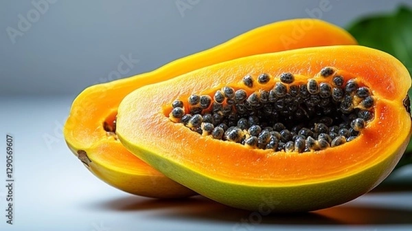 Fototapeta Two pieces of orange and green fruit with a hole in the middle. The fruit is ripe and ready to eat