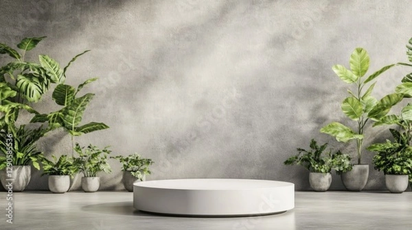 Fototapeta Modern Interior With Minimalist Decor Featuring a Circular Platform and Lush Green Plants in Stylish Pots Against a Textured Gray Wall