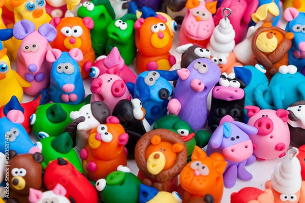 Obraz Large group of clay toys. Horizontal shot, high angle, close up