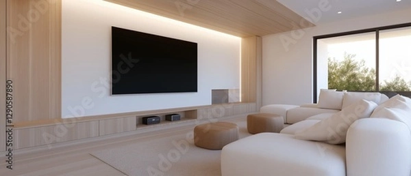 Fototapeta Modern living room with a large flat-screen tv mounted on the wall above a wooden entertainment center. the tv is mounted on a white wall with a wooden panel on the left side.