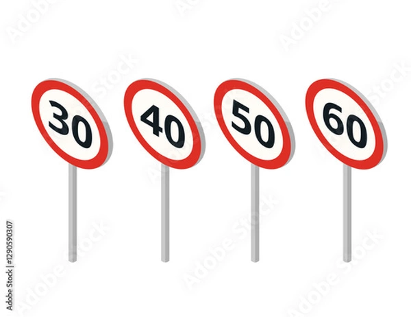 Obraz Set of four circular speed limit signs with red borders. Road signs with speed limit warnings 30, 40, 50, 60. Vector illustration isolated on white background. Isometric style