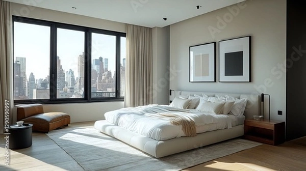 Fototapeta Luxurious Modern Bedroom with City View Minimalist Design and King Size Bed