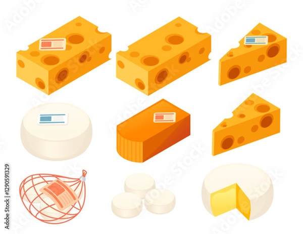 Obraz Isometric collection of cheese. Yellow Swiss cheese with holes. Orange cheddar block. Cheese wedges. White soft food. Round wheel meal. Various dairy products. Aged milk products. Vector illustration