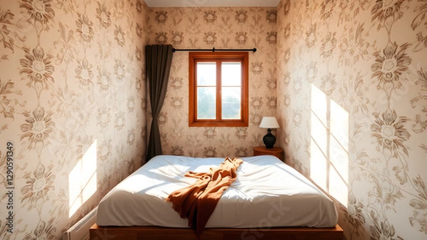 Fototapeta Cozy Sunlit Bedroom with Warm Ambiance and Soft Textures