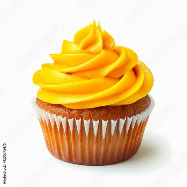 Obraz Vanilla cupcake with yellow whipped cream frosting isolated on white background.