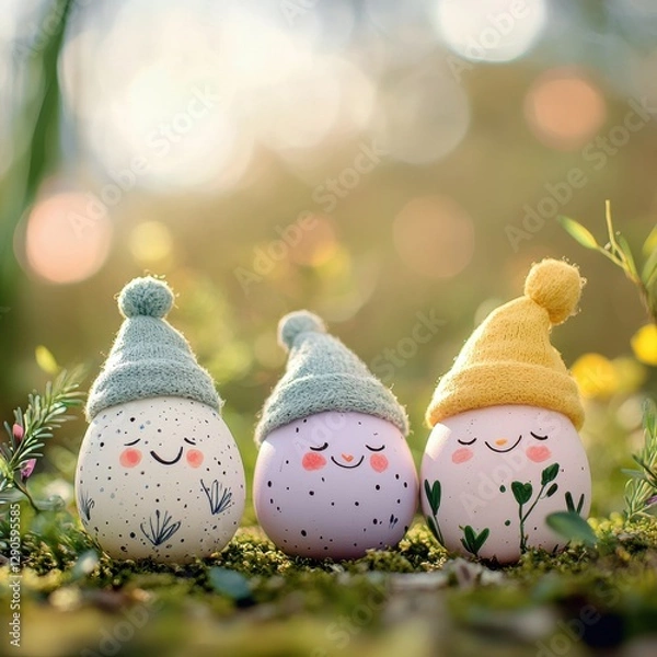 Obraz Handpainted Easter eggs with faces nature setting pastel colors