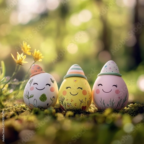 Obraz Handpainted Easter eggs with faces nature setting pastel colors