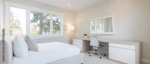 Fototapeta Modern and minimalist bedroom with a large window on the left side of the room. the window has white frames and is letting in natural light.