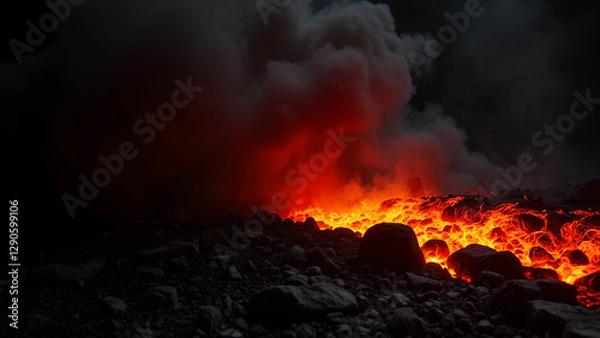 Obraz Ein dunkler und stimmungsvoller Hintergrund, auf dem tiefschwarzer Rauch um glühende Glut und Streifen geschmolzener Lava wirbelt.KI Generated