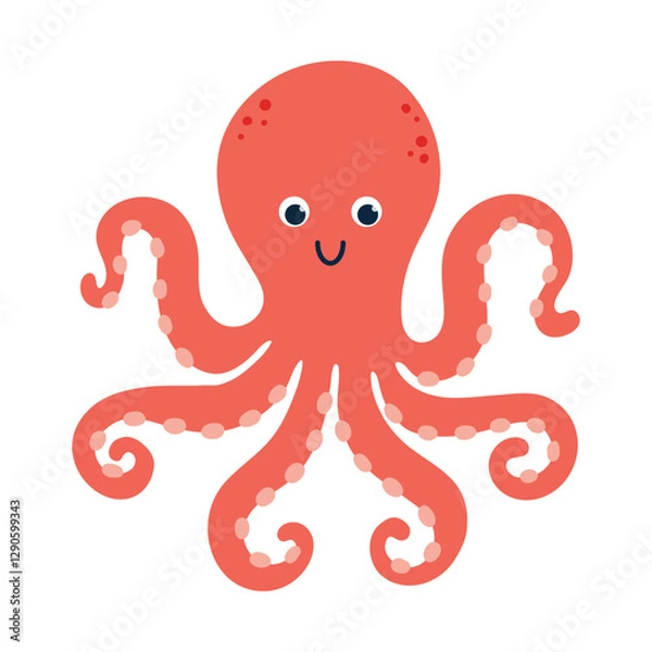 Fototapeta Kawaii red octopus character, big round eyes, wide, smiling face, cheerful expression. Cute sea animal with soft, rounded features. Naive cartoon vector illustration, ideal for childrens designs