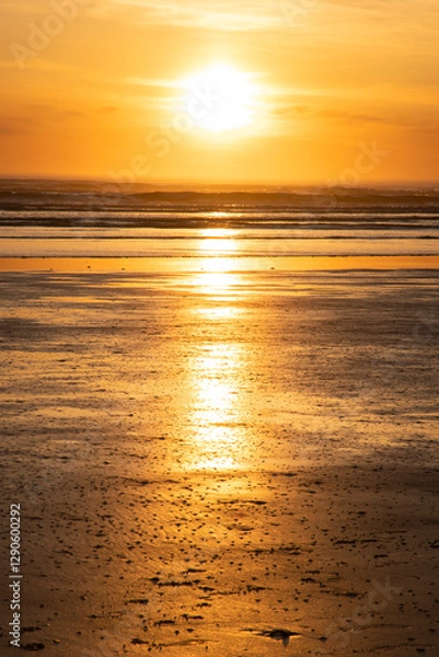 Fototapeta A serene sunset casts a warm golden hue over the ocean, reflecting beautifully on the wet sand, creating a peaceful and tranquil atmosphere for viewers to enjoy.