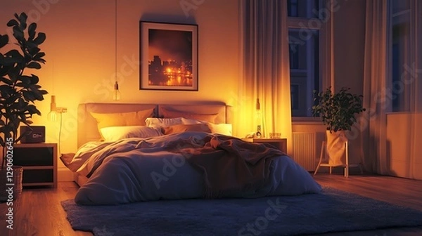 Fototapeta High end bedroom offering panoramic views of the city at dusk image