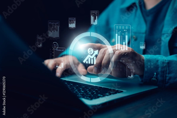 Fototapeta Businessman touchscreen line of Stock market or forex trading graph and candlestick chart suitable for financial investment concept,Economy trends background for business idea and all art work design.