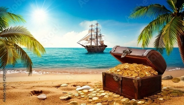 Fototapeta gold treasure at the beach with pirate ship and full moon