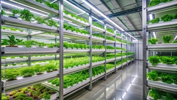 Fototapeta Vertical farm with aeroponic cultivation system extracting plant extracts from leafy greens, indoor agriculture, nutrient-rich soil