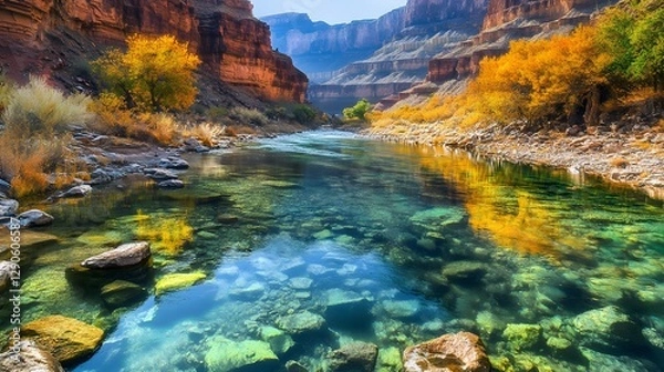 Fototapeta Vibrant river landscape, serene water reflecting autumn colors, lush greenery surrounding tranquil scene, perfect for relaxation.