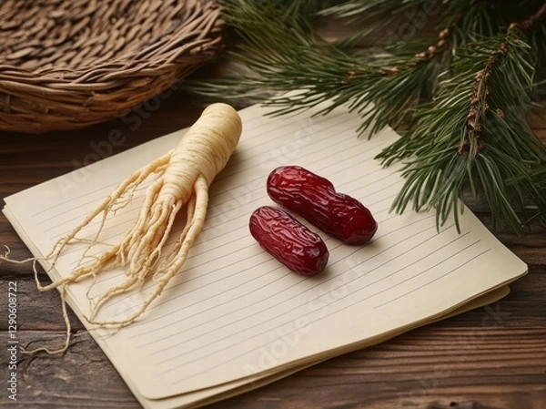 Fototapeta An open notebook with a ginseng root and two red dates placed on it.