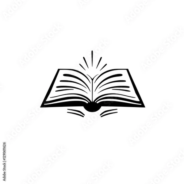 Fototapeta Black and White Open Book Illustration: A Simple, Minimalist Reading Emblem with Radiating Light.