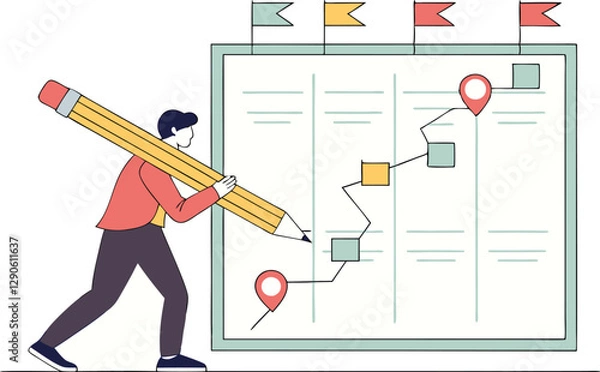 Fototapeta Business illustration concept. Milestone or achievement tracking, work experience or journey concept, businessman using pencil to draw workflow line with achievement flag milestones.