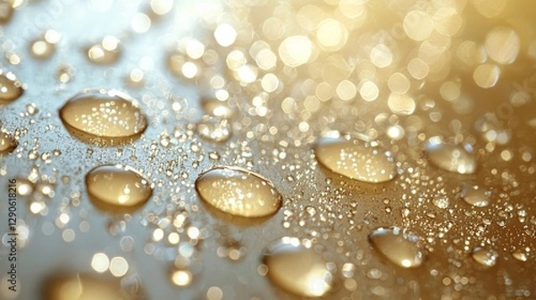 Fototapeta Droplets of water on a golden surface close-up photography indoor natural light abstract beauty macro viewpoint for captivating visuals