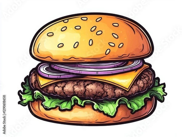 Fototapeta Delicious meat cheeseburger with fresh lettuce, onion, and cheese on a sesame seed bun.