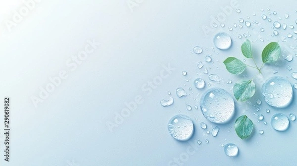 Fototapeta Refreshing water droplets on green leaves nature close-up minimalist background calm environment aesthetic viewpoint wellness concept