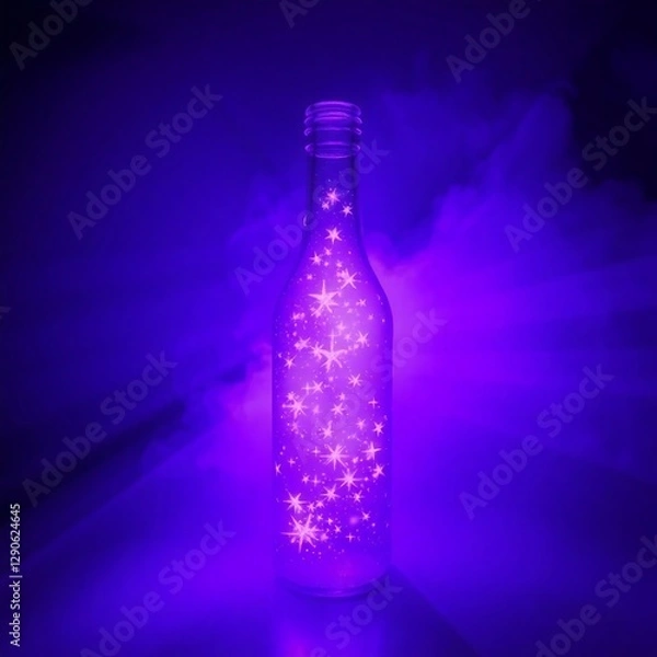 Fototapeta Bottle with stars inside, bright purple, high contrast, visible rays of light through dust or fog