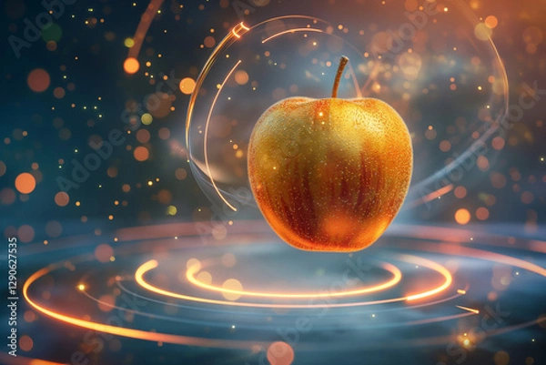 Fototapeta Apple Floating with Neon Rings and Futuristic Background. Temptation and Technology Concept. Generative AI