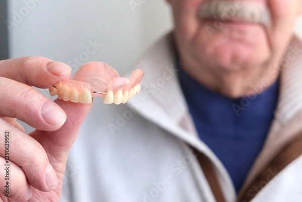 Obraz An elderly man holds a denture in his hands. The concept of stomatology and prosthetics. A dental prosthesis. Dentures on hooks