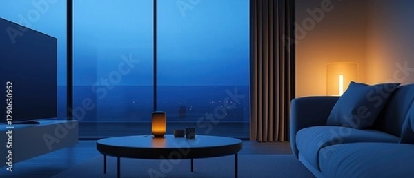 Fototapeta Modern living room with a large window that offers a beautiful view of the city at night. the room is furnished with a blue sofa on the right side and a black coffee table in the center.