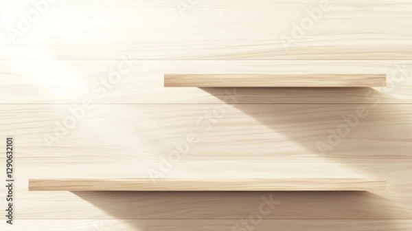 Fototapeta Wooden Shelves on Light Wall