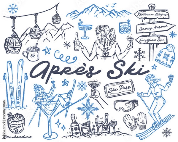 Fototapeta Après-ski - Whimsical hand drawn illustration set, vector collection
