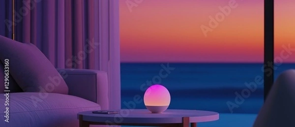 Fototapeta Modern living room with a large window overlooking the ocean. the window has a purple curtain on the left side and a purple armchair on the right side.