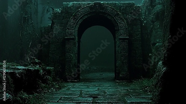 Fototapeta Mysterious stone archway in a dark, overgrown forest.