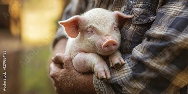 Fototapeta National pig day with cute and playful idea. A person holding a small piglet in their arms.