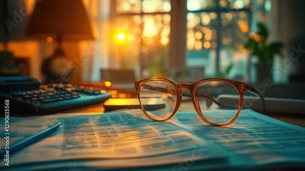 Obraz Warm glow of sunset illuminating glasses resting on newspaper in cozy room