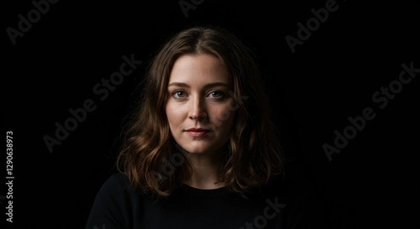 Obraz Portrait of a Young Woman on Black Background, Ideal for Professional Profile and Editorial Use