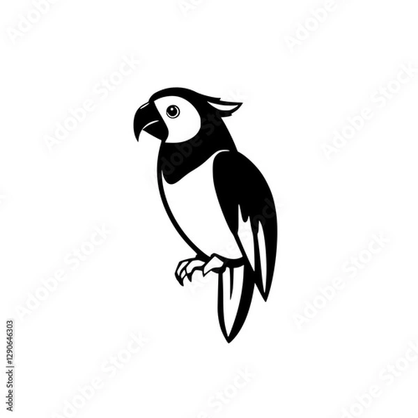 Fototapeta "Black and white illustration of a stylized parrot perched on a branch against a white background."