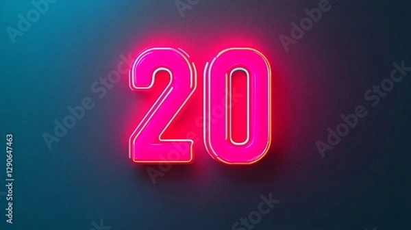 Fototapeta Bright neon "20" against a blue background, creating a modern and vibrant aesthetic.