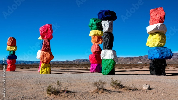 Fototapeta Vibrant and colorful rock sculptures create a whimsical contrast against the stark desert landscape, symbolizing creativity and artistic expression amidst nature.