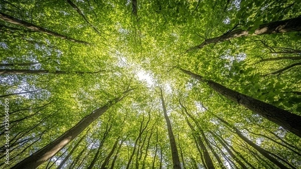 Fototapeta Sunlight Through Forest Canopy A Low Angle View of Majestic Trees Reaching for the Sky.