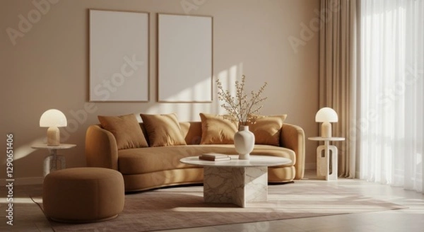 Fototapeta Minimalist interior design of modern living room with blank empty frame mock-up design. Artwork, poster, art print, wall art mockup. 