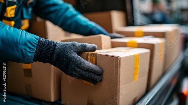 Fototapeta A Delivery Person Arranges Packages Within A Transport Vehicle