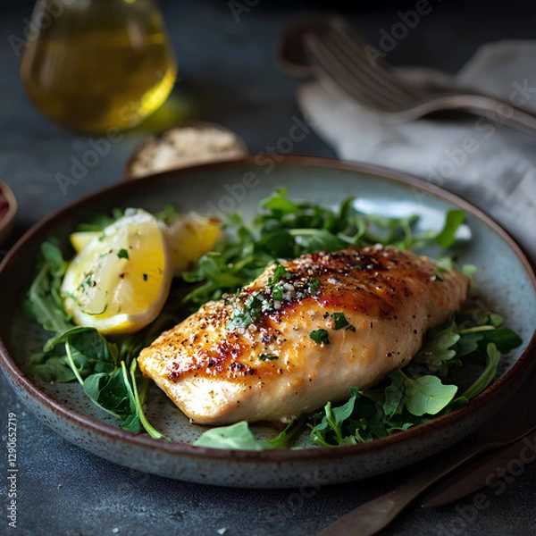 Fototapeta Gourmet Glazed Chicken with Fresh Microgreens Garnish - Restaurant-Style Seared Chicken with Aromatic Herbs