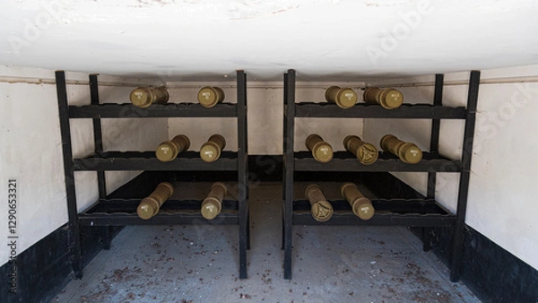 Fototapeta This image depicts a clean and organized military equipment storage bunker featuring several shelves filled with munitions, highlighting preparedness and defense.