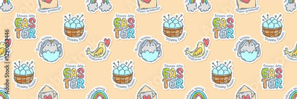 Fototapeta Easter colorful doodle icons stickers with quotes seamless pattern, hand-drawn spring hunt theme background, cute symbols, elements and lettering collection.