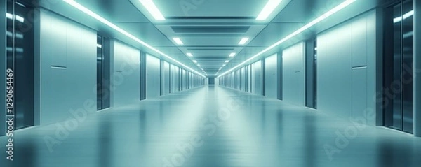 Obraz An eerie, long empty hospital corridor with sterile white walls and dim lighting, evoking a sense of isolation.